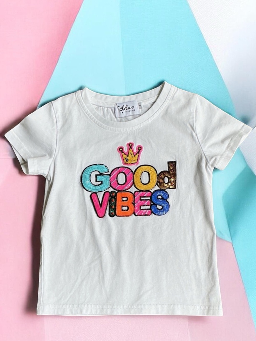 Lola & the Boys -Sz 4- Girls White Multi-Color "Good Vibes" Sequin Graphic Tee
